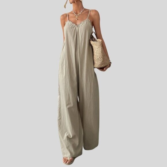 Boho Ruffle Trim Loose Fitting Wide Leg Jumpsuit - Picture 1 of 5